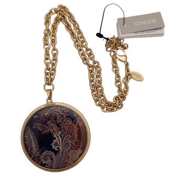 Chicos Paisley Plume Dot Reversible Pendant Gold Tone Chain Necklace 20” L E440 - Picture 1 of 7